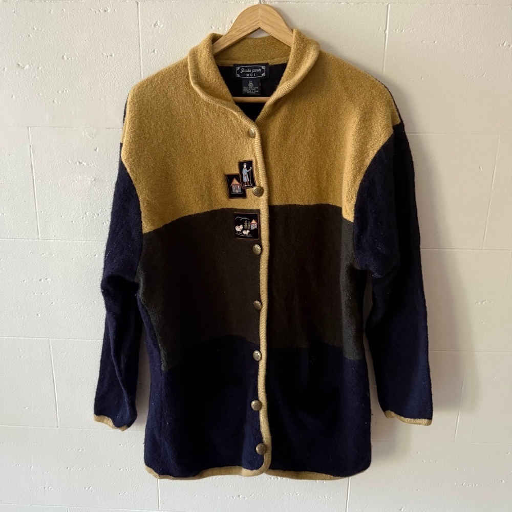 Vintage Coloblock Cottagecore Wool Cardigan Embroidered Patches | XL